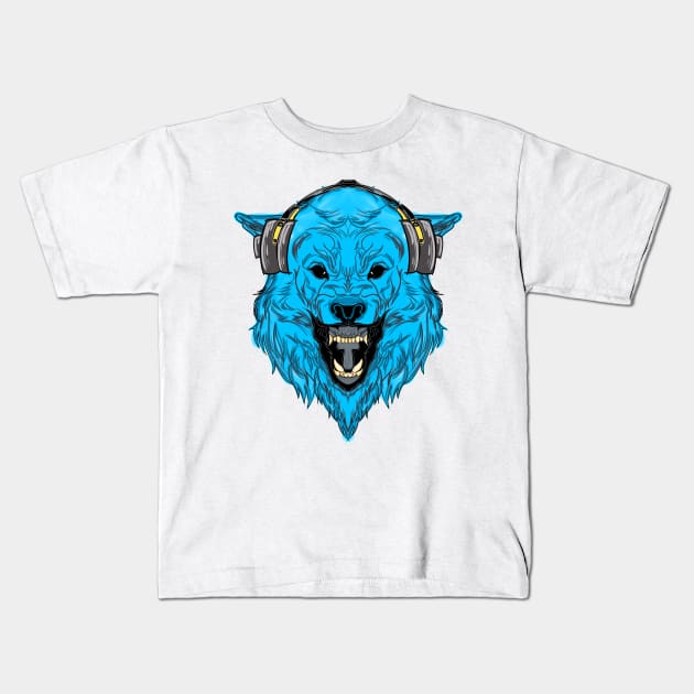 Blue Wolf With Headphone Kids T-Shirt by Z1